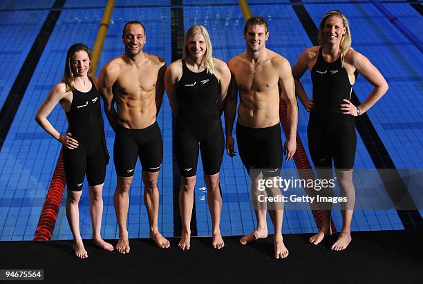 Elizabeth Simmonds James Goddard, Rebecca Adlington, Liam Tancock, and Gemma Spofforth pose together during media previews to the Duel in the Pool at...