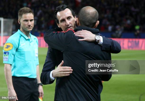 Coach of PSG Unai Emery greets coach of Monaco Leonardo Jardim before the Ligue 1 match between Paris Saint Germain and AS Monaco at Parc des Princes...