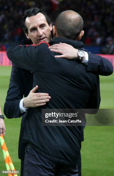 Coach of PSG Unai Emery greets coach of Monaco Leonardo Jardim before the Ligue 1 match between Paris Saint Germain and AS Monaco at Parc des Princes...