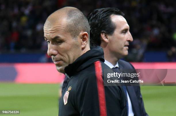 Coach of Monaco Leonardo Jardim and coach of PSG Unai Emery before the Ligue 1 match between Paris Saint Germain and AS Monaco at Parc des Princes...