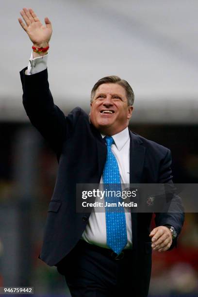 Miguel Herrera coach of America greets the fans during the 15th round match between America and Monterrey as part of the Torneo Clausura 2018 Liga MX...