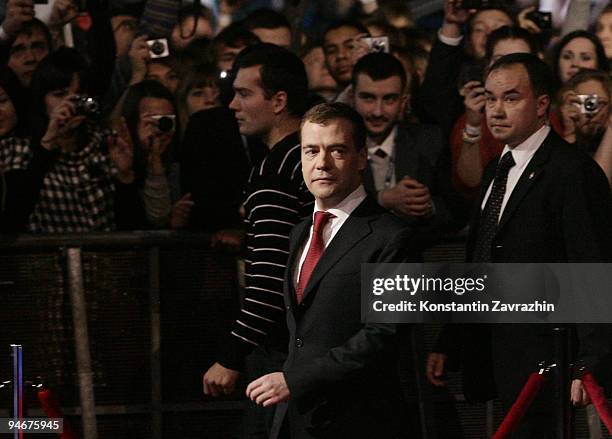 Russian President Dmitry Medvedev attends a meeting at Moscow's Olympiisky Stadium on December. 17, 2009 in Moscow, Russia. President Medvedev...