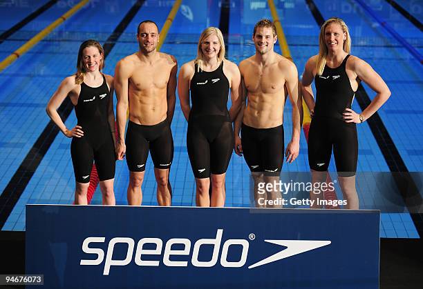 Elizabeth Simmonds James Goddard, Rebecca Adlington, Liam Tancock, and Gemma Spofforth pose together during media previews to the Duel in the Pool at...