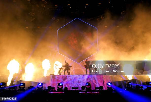 Harrison Mills and Clayton Knight of ODESZA onstage during the 2018 Coachella Valley Music and Arts Festival Weekend 1 at the Empire Polo Field on...