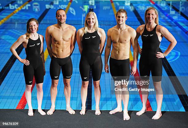 Elizabeth Simmonds James Goddard, Rebecca Adlington, Liam Tancock, and Gemma Spofforth pose together during media previews to the Duel in the Pool at...