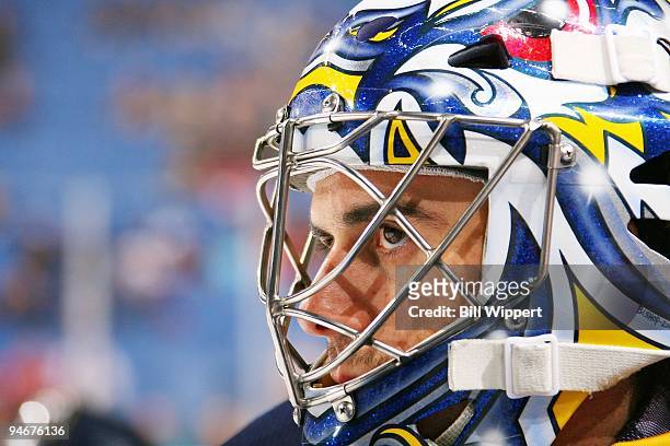 Ryan Miller of the Buffalo Sabres concentrates before the game against the Chicago Blackhawks on December 11, 2009 at HSBC Arena in Buffalo, New York.