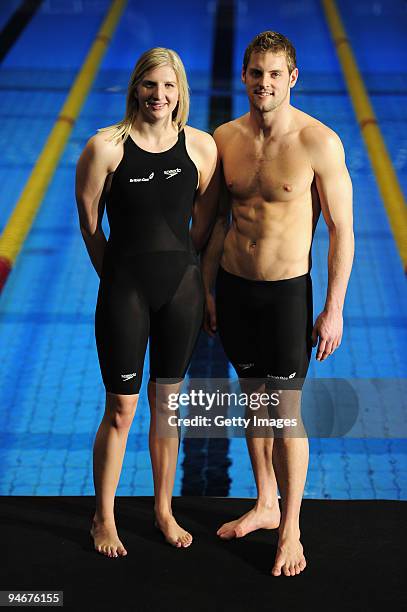 Rebecca Adlington and Liam Tancock pose together during media previews to the Duel in the Pool at The Manchester Aquatic Centre on December 17, 2009...