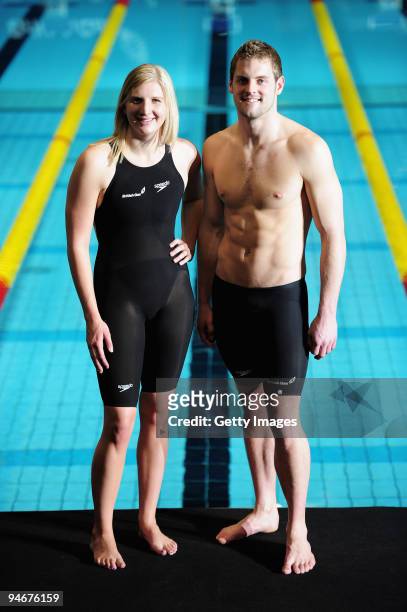 Rebecca Adlington and Liam Tancock pose together during media previews to the Duel in the Pool at The Manchester Aquatic Centre on December 17, 2009...