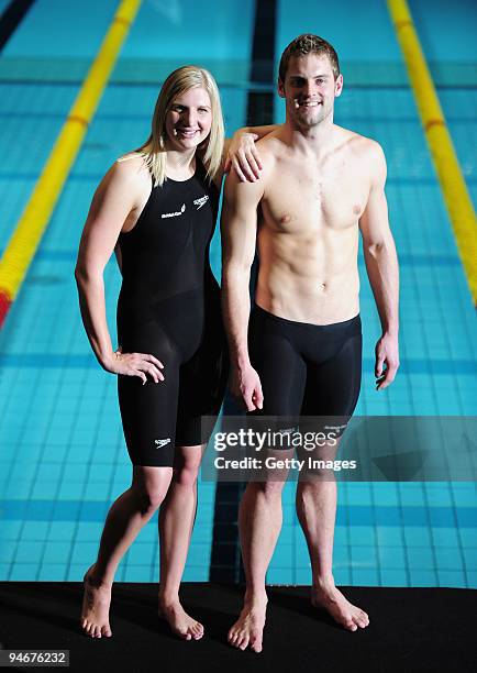 Rebecca Adlington and Liam Tancock pose together during media previews to the Duel in the Pool at The Manchester Aquatic Centre on December 17, 2009...