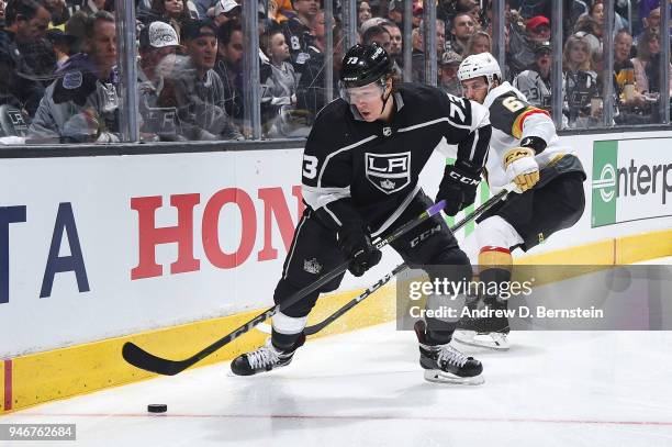 Tyler Toffoli of the Los Angeles Kings handles the puck against Colin Miller of the Vegas Golden Knights in Game Three of the Western Conference...