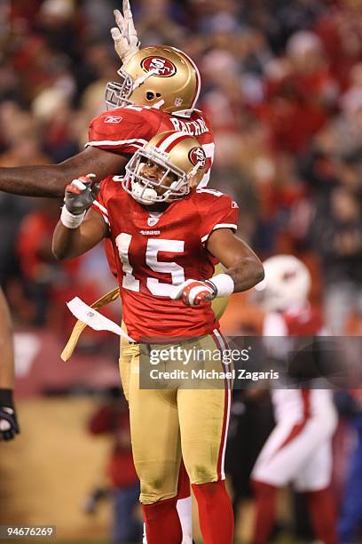 Michael Crabtree of the San Francisco 49ers celebrates after scoring a touchdown during the NFL game against the Arizona Cardinals at Candlestick...