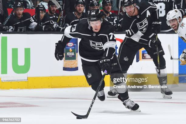 Tyler Toffoli of the Los Angeles Kings handles the puck against the Vegas Golden Knights in Game Three of the Western Conference First Round during...