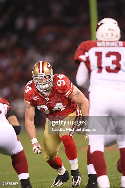 Justin Smith of the San Francisco 49ers during the NFL game against the Arizona Cardinals at Candlestick Park on December 14, 2009 in San Francisco,...