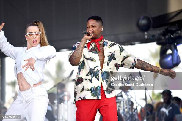Rapper YG performs as a special guest on the Coachella stage during week 1, day 3 of the Coachella Valley Music and Arts Festival on April 15, 2018...