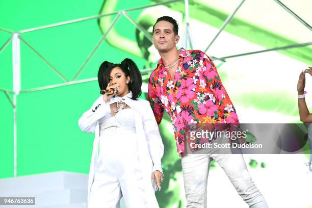 Cardi B and G-Eazy perform on the Coachella stage during week 1, day 3 of the Coachella Valley Music and Arts Festival on April 15, 2018 in Indio,...