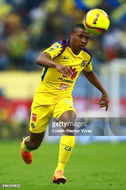 Andres Ibarguen of America drives the ball during the 15th round match between America and Monterrey as part of the Torneo Clausura 2018 Liga MX at...