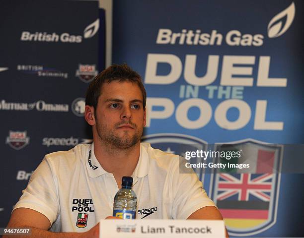 Liam Tancock answers questions from the press during media previews to the Duel in the Pool at The Manchester Aquatic Centre on December 17, 2009 in...