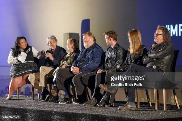 Moderator Jenelle Riley, creator David E. Kelley, Holland Taylor, Brendan Gleeson, Harry Treadaway, Kelly Lynch, and director Jack Bender on stage at...