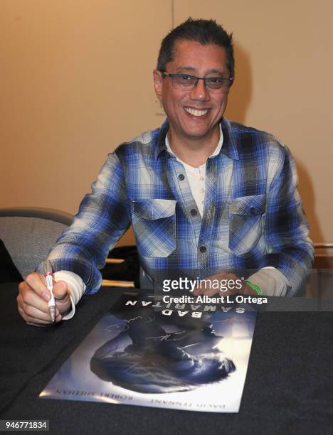 Director Dean Devlin signs autographs promoting 'Bad Samaritan' on Day 2 of Monsterpalooza Held at Pasadena Convention Center on April 15, 2018 in...