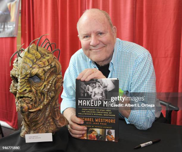 Special Effects Makeup artist Michael Westmore signs his book on Day 2 of Monsterpalooza Held at Pasadena Convention Center on April 15, 2018 in...