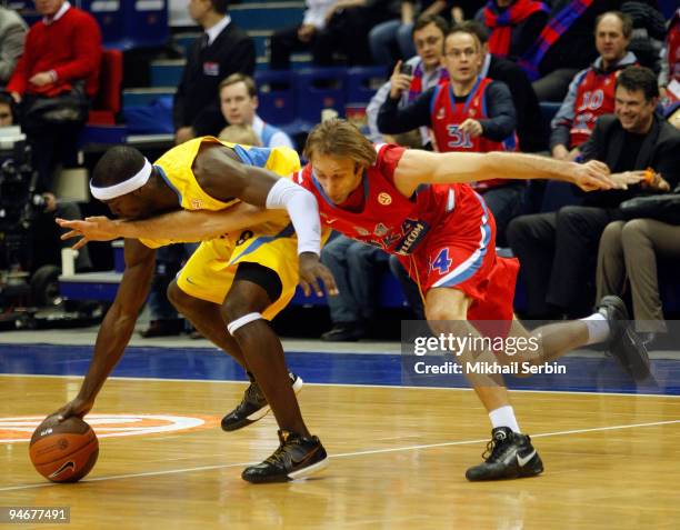 Doron Perkins, #8 of Maccabi Electra Tel Aviv competes with Zoran Planinic, #34 of CSKA Moscow during the Euroleague Basketball Regular Season...