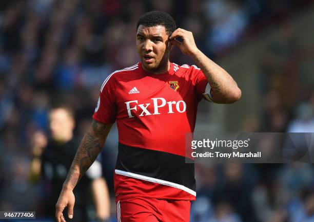 Troy Deeney of Watford during the Premier League match between Huddersfield Town and Watford at John Smith's Stadium on April 14, 2018 in...