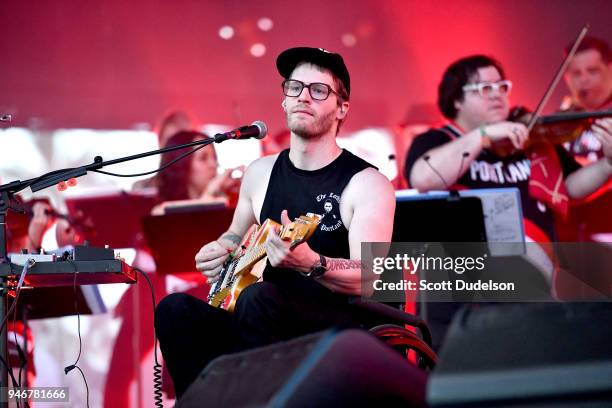 Guitarist Eric Howk of Portugal. The Man performs on the Coachella stage during week 1, day 3 of the Coachella Valley Music and Arts Festival on...