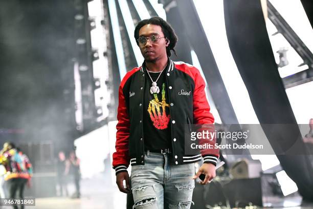 Rapper Takeoff of the hip hip group Migos performs on the Sahara stage during week 1, day 3 of the Coachella Valley Music and Arts Festival on April...