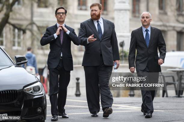 Guatemala's former police chief Erwin Sperisen arrives with his lawyers Giorgio Campa and Florian Baier to his new trial on April 16, 2018 in Geneva....