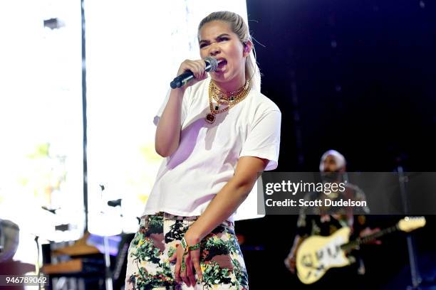 Singer Hayley Kiyoko performs on the Gobi stage during week 1, day 3 of the Coachella Valley Music and Arts Festival on April 15, 2018 in Indio,...