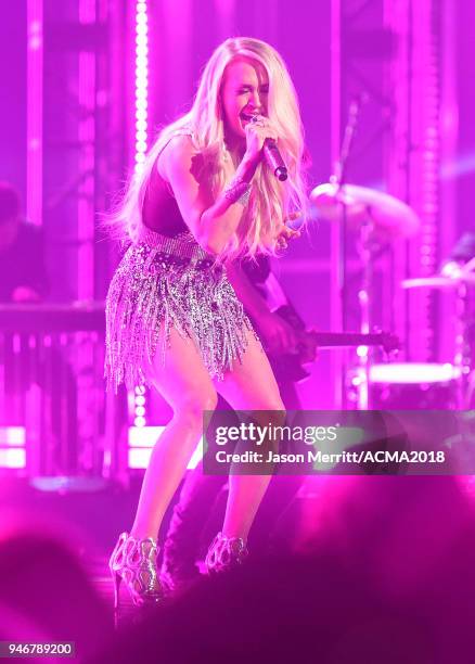 Carrie Underwood performs onstage during the 53rd Academy of Country Music Awards at MGM Grand Garden Arena on April 15, 2018 in Las Vegas, Nevada.