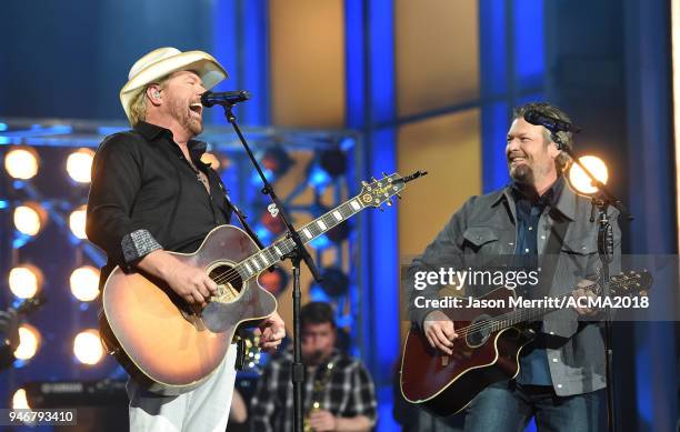 Toby Keith and Blake Shelton perform onstage during the 53rd Academy of Country Music Awards at MGM Grand Garden Arena on April 15, 2018 in Las...