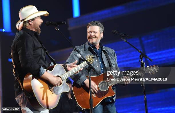 Toby Keith and Blake Shelton perform onstage during the 53rd Academy of Country Music Awards at MGM Grand Garden Arena on April 15, 2018 in Las...