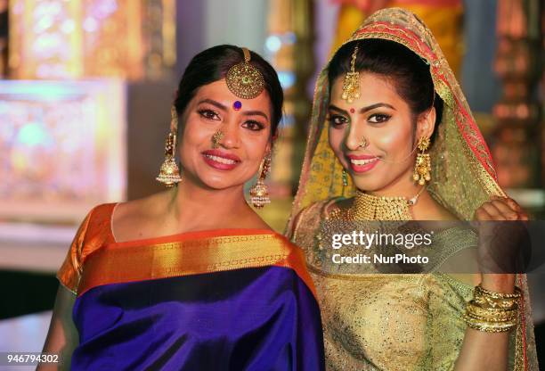 Models showcase elegant fashions during the Amrapali 2018 fashion exhibition held in Markham, Ontario, Canada on March 11, 2018.