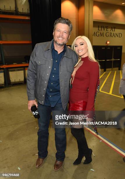 Blake Shelton and Gwen Stefani attend the 53rd Academy of Country Music Awards at MGM Grand Garden Arena on April 15, 2018 in Las Vegas, Nevada.
