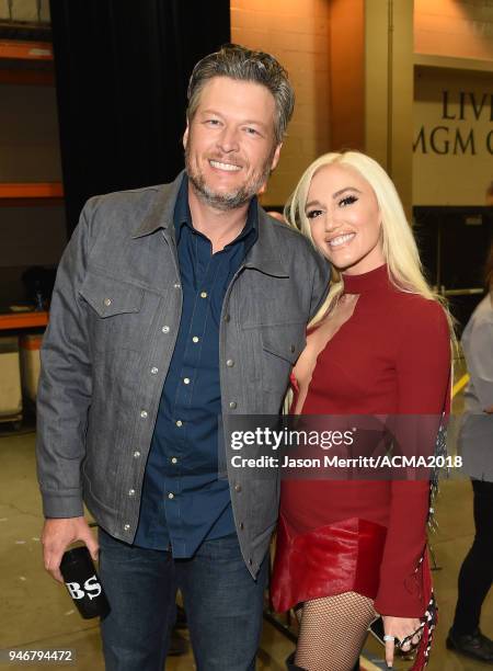 Blake Shelton and Gwen Stefani attend the 53rd Academy of Country Music Awards at MGM Grand Garden Arena on April 15, 2018 in Las Vegas, Nevada.