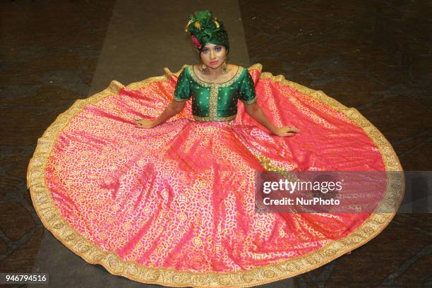 Model showcases an elegant outfit during the Amrapali 2018 fashion exhibition held in Markham, Ontario, Canada on March 11, 2018.