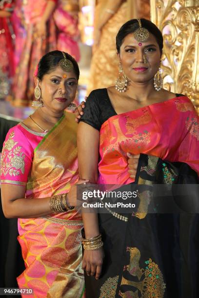 Models wearing elegant Kanchipuram sarees during the Amrapali 2018 fashion exhibition held in Markham, Ontario, Canada on March 11, 2018.