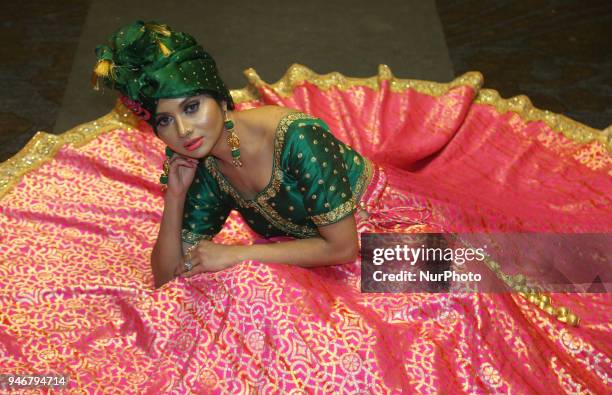 Model showcases an elegant outfit during the Amrapali 2018 fashion exhibition held in Markham, Ontario, Canada on March 11, 2018.