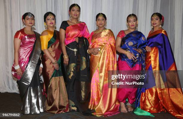 Models showcase elegant sarees during the Amrapali 2018 fashion exhibition held in Markham, Ontario, Canada on March 11, 2018.