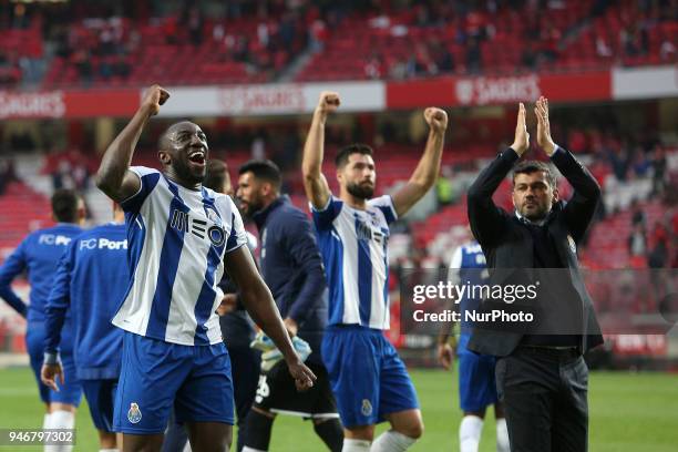 Porto's forward Moussa Marega from Mali and Porto's head coach Sergio Conceicao celebrate the victory at the end of the Portuguese League football...