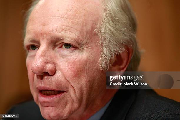 Chairman Joseph Lieberman participates in a Senate Homeland Security and Governmental Affairs Committee hearing on Capitol Hill on December 17, 2009...