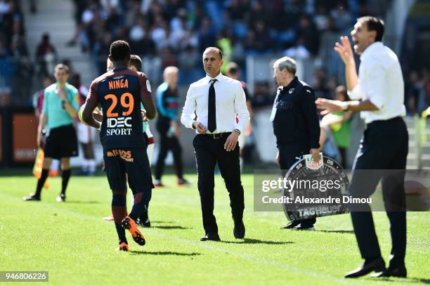 Michel Der Zakarian head coach and Casimir Ninga of Montpellier during the Ligue 1 match between Montpellier and Bordeaux at Stade de la Mosson on...