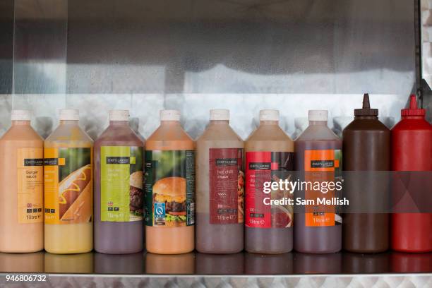 Selection of burger sauces and relishes at a roadside cafe on the 23rd June 2017 in Norfolk, United Kingdom