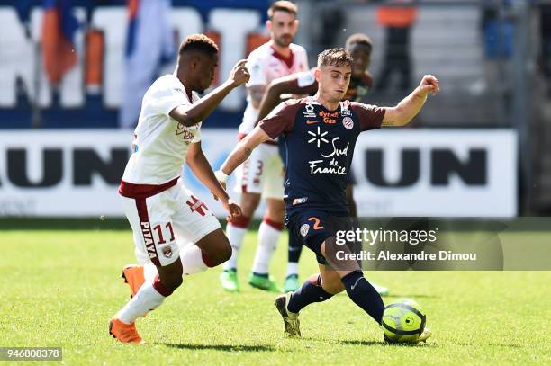 Ruben Aguilar of Montpellier and Francois Kamano of Bordeaux during the Ligue 1 match between Montpellier and Bordeaux at Stade de la Mosson on April...