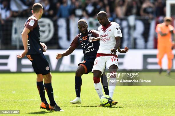 Younousse Sankhare of Bordeaux and Jonathan Ikone of Montpellier during the Ligue 1 match between Montpellier and Bordeaux at Stade de la Mosson on...