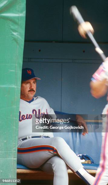 Manager Davey Johnson of the New York Mets looks on from the dugout during a Major League Baseball game against the Pittsburgh Pirates at Three...