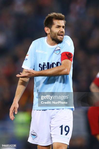 Senad Lulic of Lazio during the serie A match between SS Lazio and AS Roma at Stadio Olimpico on April 15, 2018 in Rome, Italy.