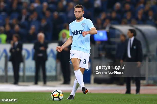 Stefan de Vrij of Lazio during the serie A match between SS Lazio and AS Roma at Stadio Olimpico on April 15, 2018 in Rome, Italy.