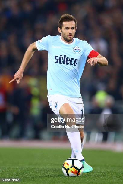 Senad Lulic of Lazio during the serie A match between SS Lazio and AS Roma at Stadio Olimpico on April 15, 2018 in Rome, Italy.